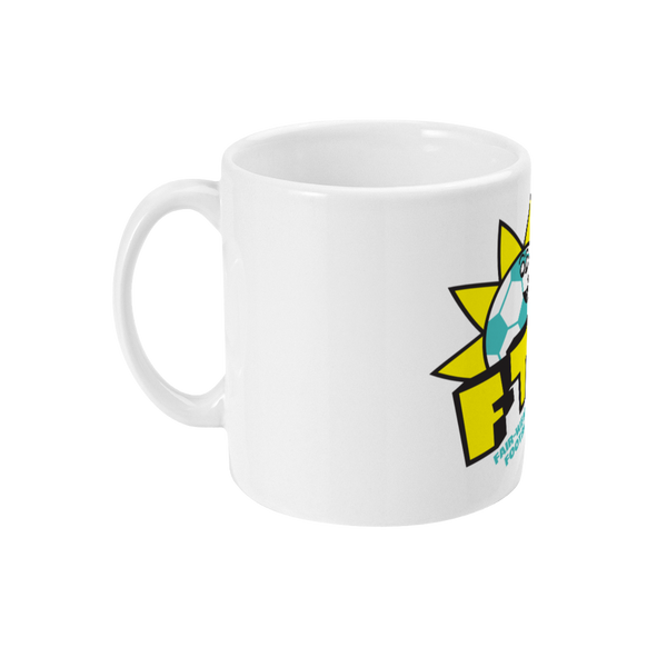 A white ceramic mug with a colorful graphic of a cartoon football character and the text 'FTT' on the front.