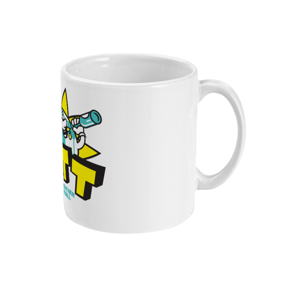 A white ceramic mug with a colorful graphic of a cartoon football character and the text 'FTT' on the front.