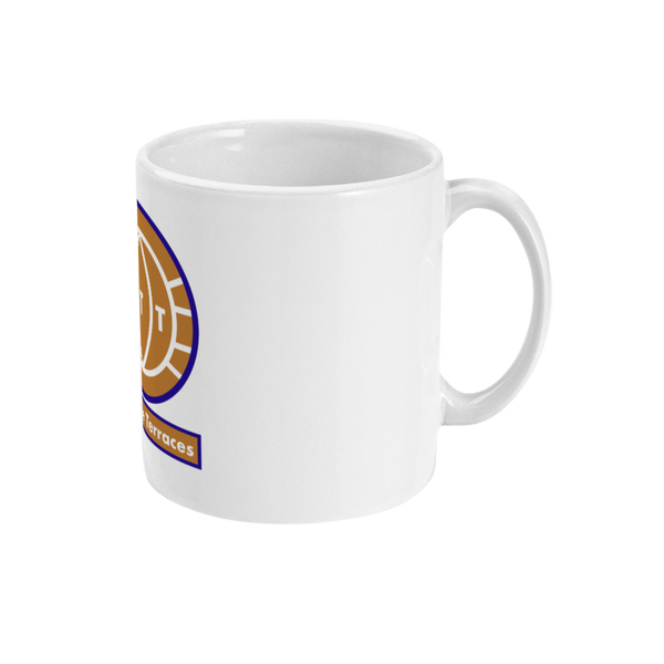 A white ceramic mug with a colorful graphic of a cartoon football character and the text 'FTT' on the front.