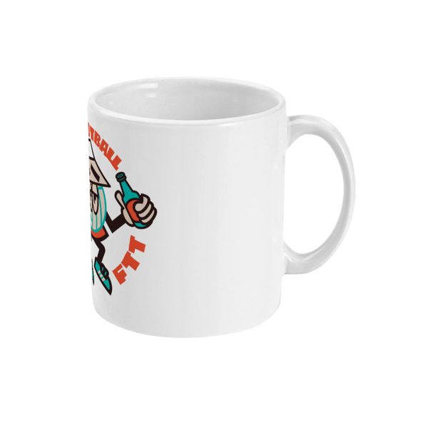 A white ceramic mug with a colorful cartoon character design featuring a character with a football and the text 'FOOTBALL'. The character is stylized with a square head and wearing a chef's hat.