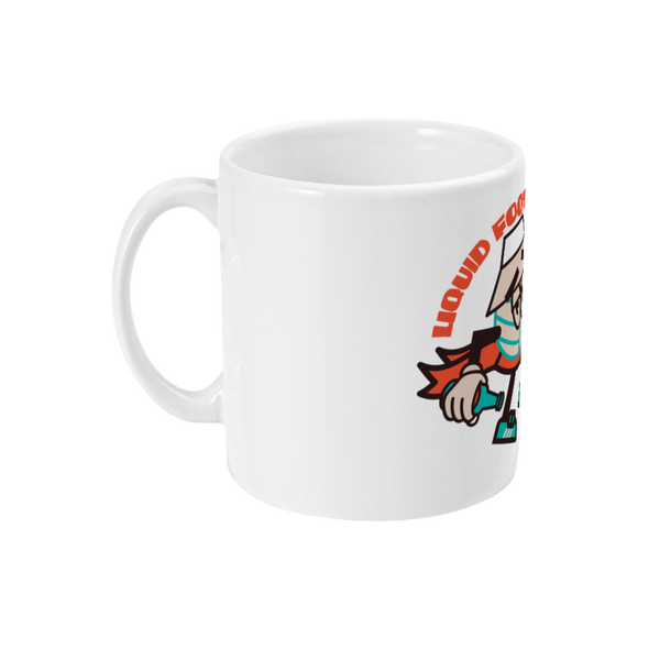 A white ceramic mug with a colorful cartoon character design featuring a character with a football and the text 'FOOTBALL'. The character is stylized with a square head and wearing a chef's hat.