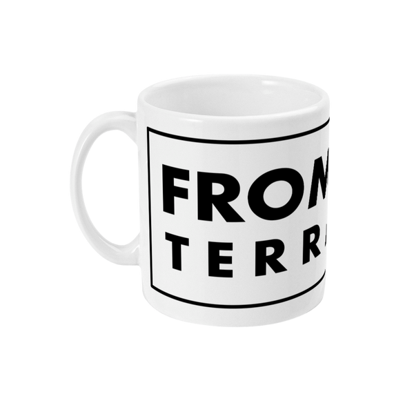 A white ceramic mug with black text that reads 'FROM THE TERRACES'.