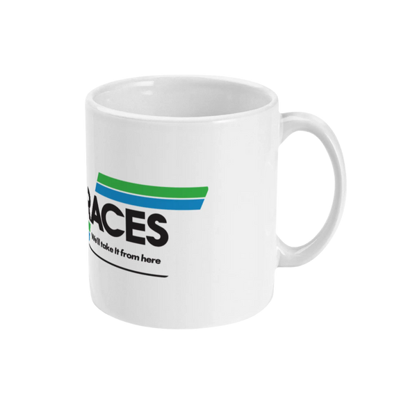 A white ceramic mug with blue and green accents, and text that reads 'FTT The TERRACES'.
