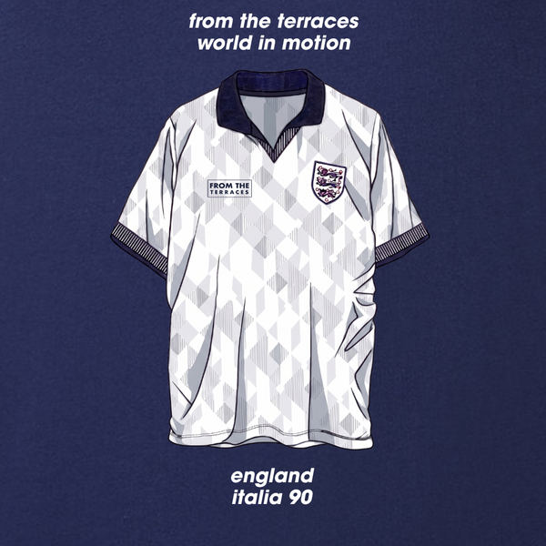 England 90 World in Motion White T-Shirt Navy back view – From The Terraces