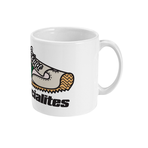 A white ceramic mug with a graphic print of a trainer and the text 'antisocialite'.