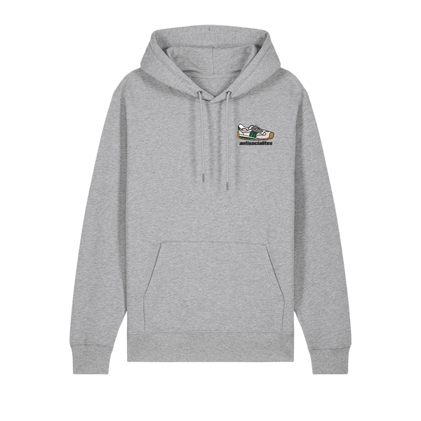 A gray hoodie with the Anti Socialites FTT Trainer logo on the chest and a hood.