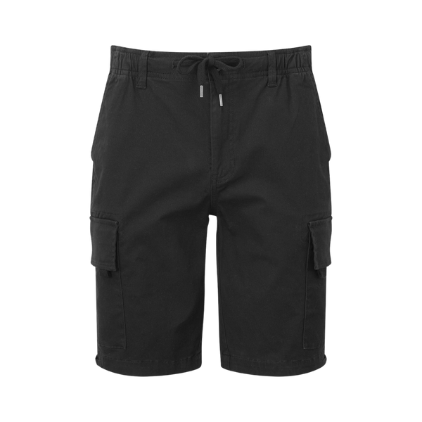 A pair of black cargo utility shorts with an embroidered badge on the left thigh and multiple pockets.
