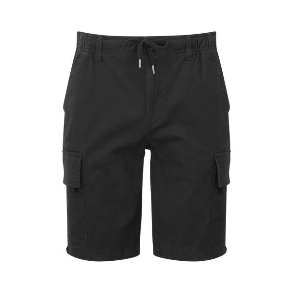 A pair of black cargo utility shorts with an embroidered badge on the left thigh and multiple pockets.