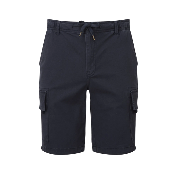 A pair of black cargo utility shorts with an embroidered badge on the left thigh and multiple pockets.