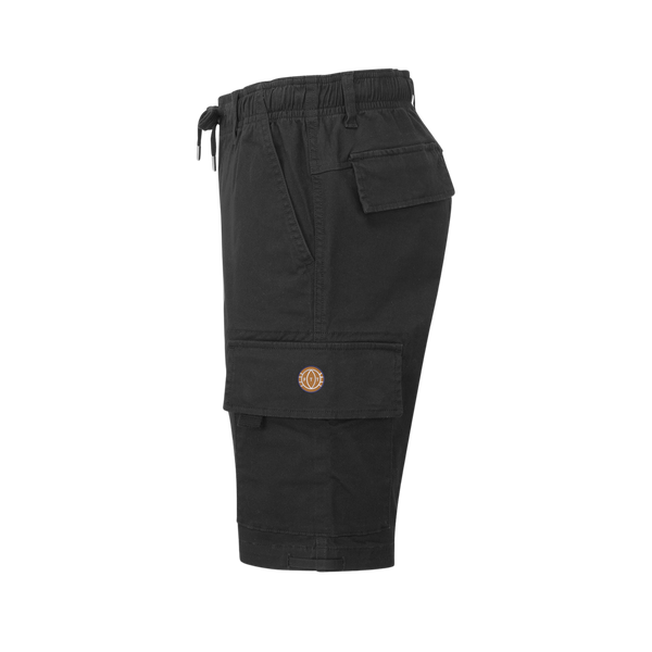 A pair of black cargo utility shorts with an embroidered badge on the left thigh and multiple pockets.
