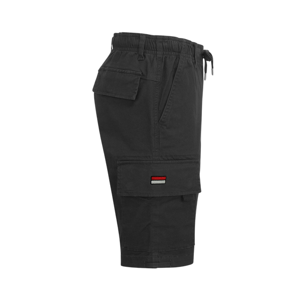 A pair of black cargo utility shorts with an embroidered badge on the right thigh and multiple pockets.