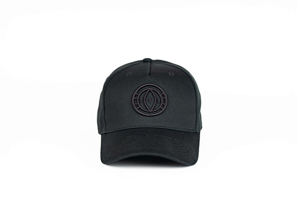 Black cap with a logo on a white background