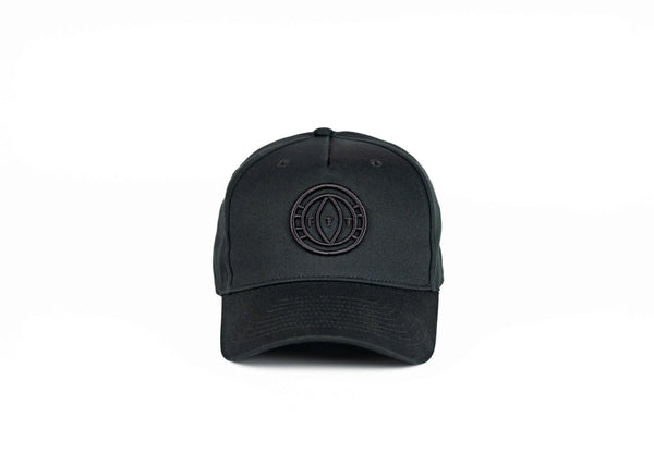 Black cap with a logo on a white background