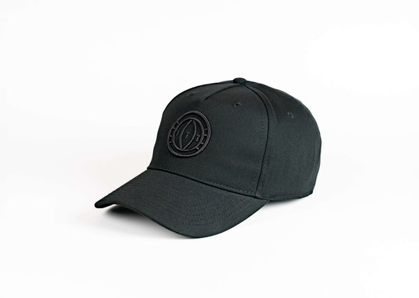 Black cap with a logo on a white background