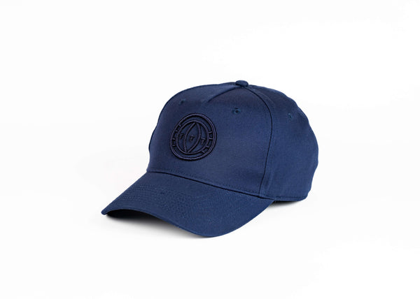 Blue cap with a logo on a white background