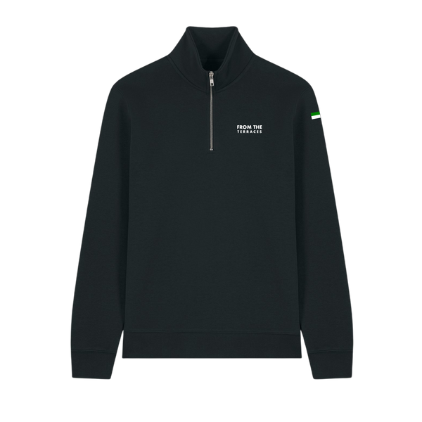 Black half-zip sweatshirt with branding on a white background