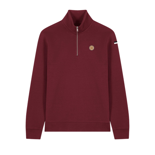 A maroon quarter zip sports sweatshirt with an embroidered logo on the chest and a mock neck collar.
