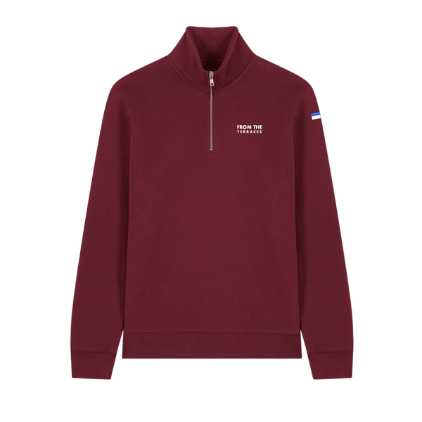 A maroon quarter zip sports sweatshirt with an embroidered logo on the chest and a mock neck collar.