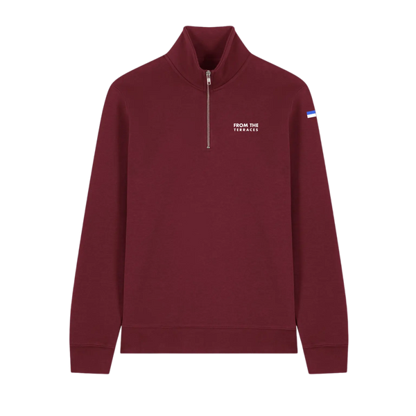 A maroon quarter zip sports sweatshirt with an embroidered logo on the chest and a mock neck collar.