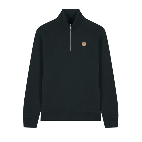 A black quarter zip sports sweatshirt with an embroidered logo on the chest and a mock neck collar.