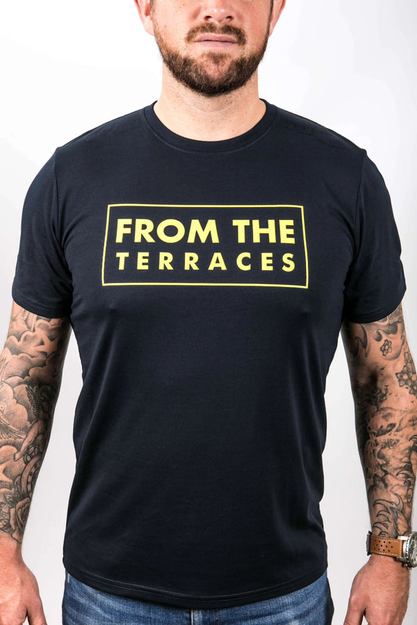 From The Terraces Tee - French Navy - Yellow Logo From The Terraces