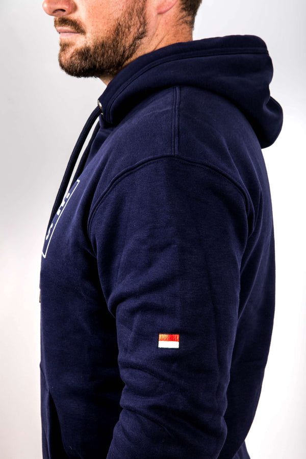 Navy blue hoodie with a small flag patch on the sleeve against a white background