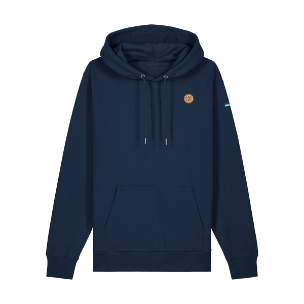 navy blue hoodie with a small logo on a white background