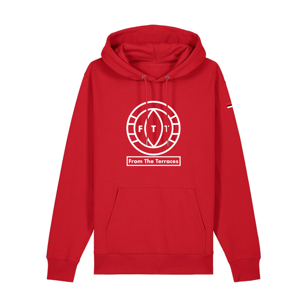 red hoodie with a logo on the chest and another on the sleeve
