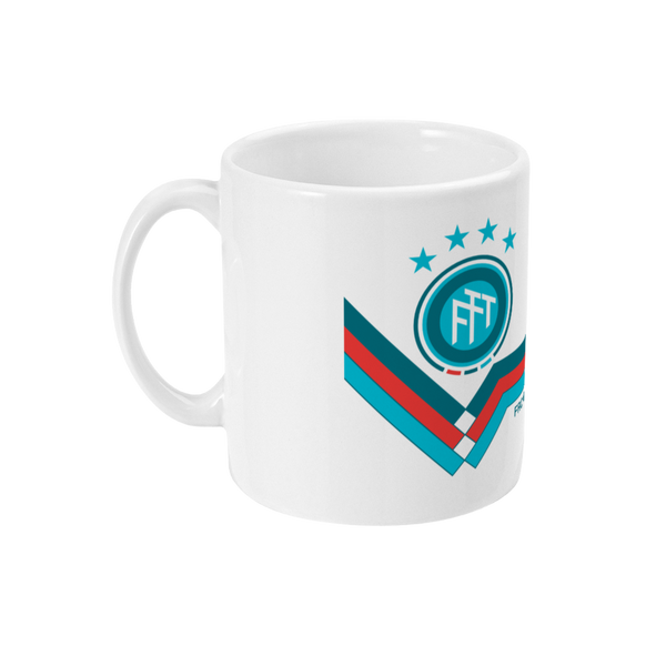 An 11oz ceramic mug with a glossy white finish, featuring geometric patterns and the 'FTT' logo with text 'FROM THE TERRACES' on it.
