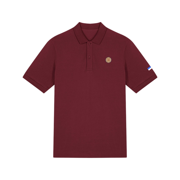 Maroon polo shirt with a small logo on a white background