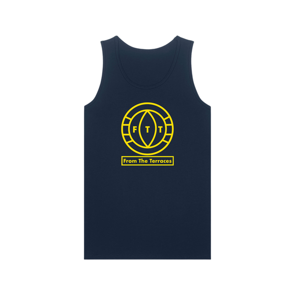 A navy blue sleeveless vest with a yellow 'FTT' logo on the chest and the text 'From The Terraces' below it.