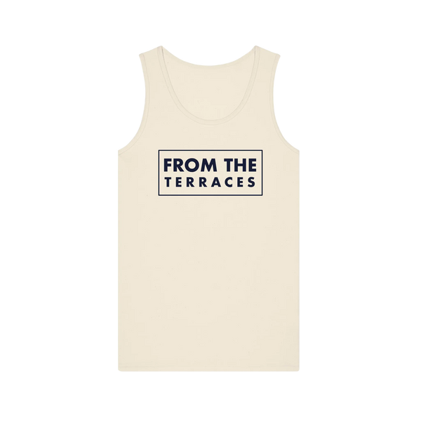 A navy sleeveless vest with 'FROM THE TERRACES' text logo on the chest.