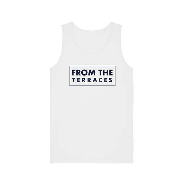 A navy sleeveless vest with 'FROM THE TERRACES' text logo on the chest.