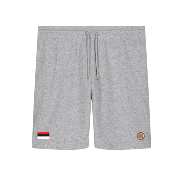Gray shorts with a logo on a white background