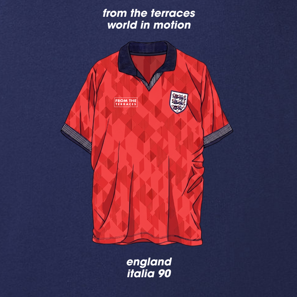 England 90 World in Motion Red T-Shirt Navy back view – From The Terraces