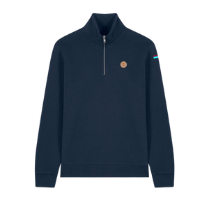 A navy quarter zip sports sweatshirt with an embroidered logo on the chest and a mock neck collar.