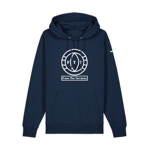 Navy blue hoodie with 'From The Terraces' logo on a white background